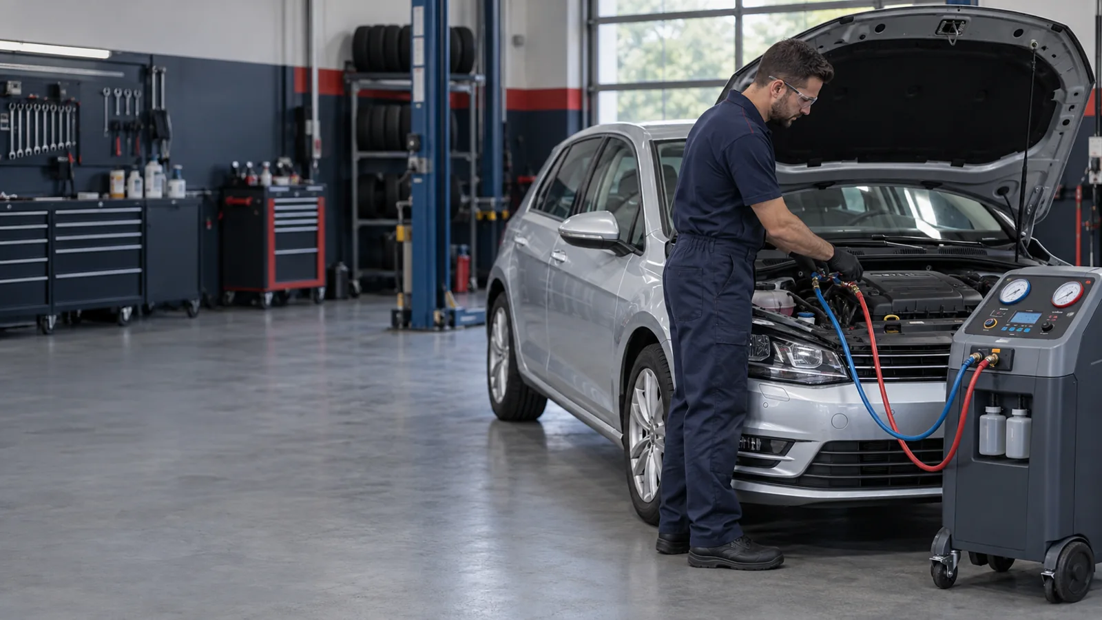 Illustration of a technician using an air conditioning service machine beside a car